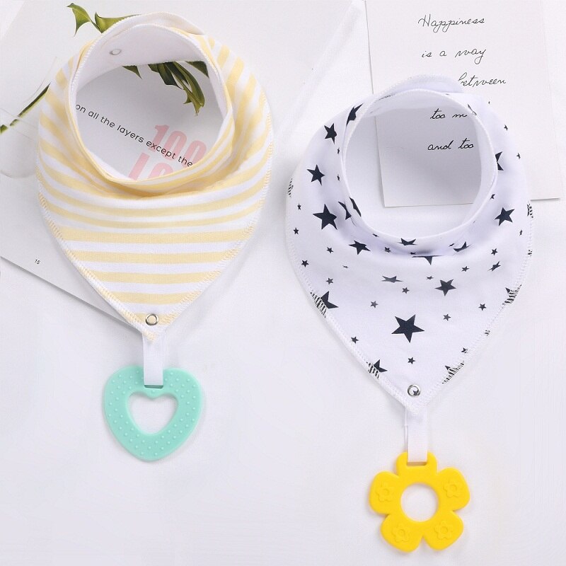 Soft Absorbent Colorful Organic Cotton Baby Bib with Teething Toy 2 pcs Set